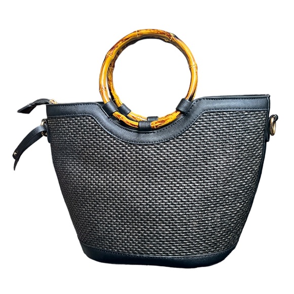 Handbags - 👜 Black Woven Bag with Bamboo Inspired Handles